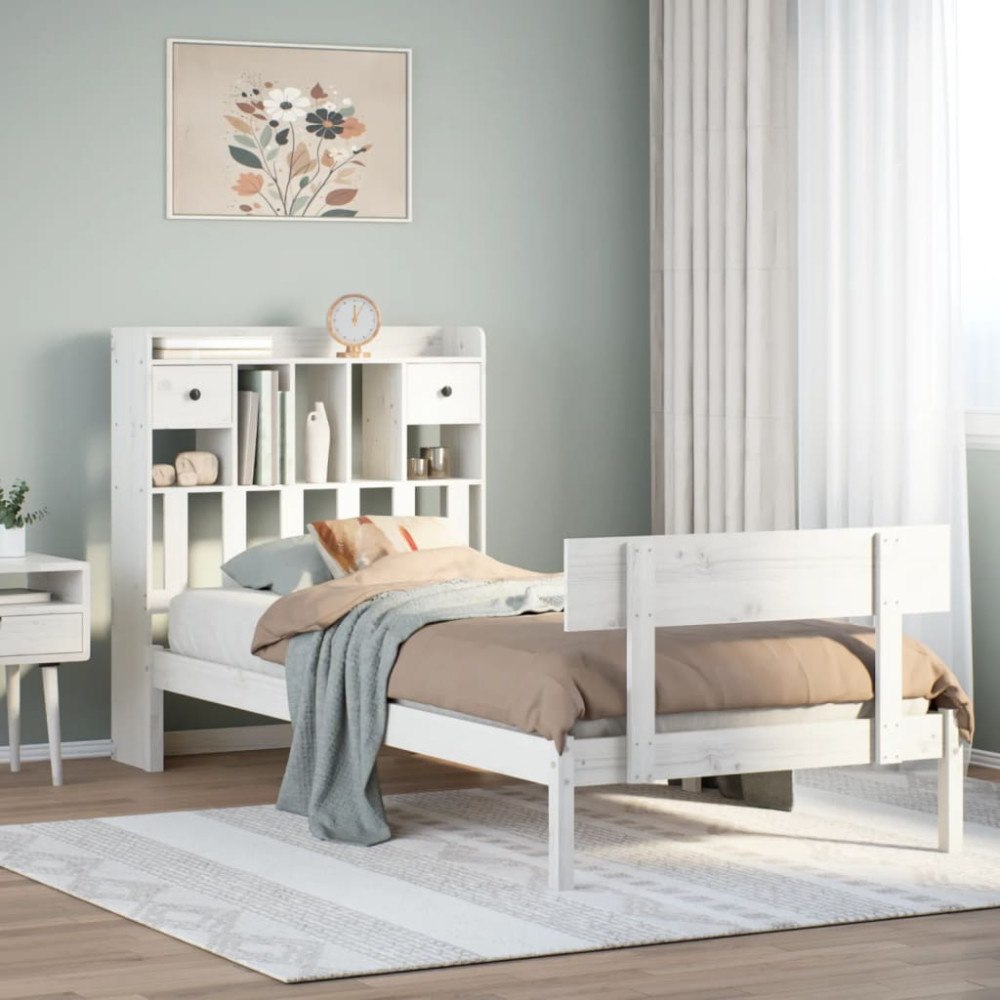 vidaXL Säng med bokhylla utan madrass vit 75x190cm massiv furu