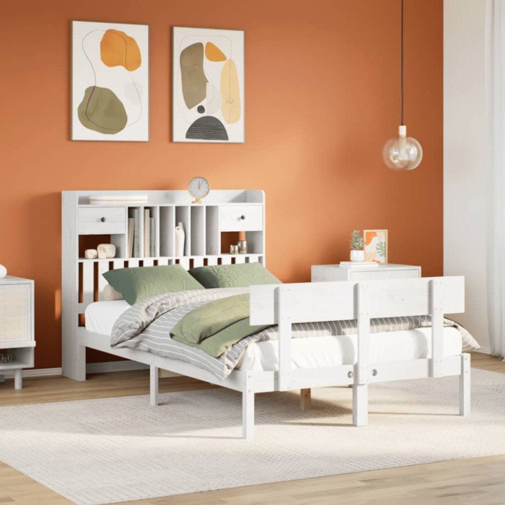 vidaXL Säng med bokhylla utan madrass vit 135x190cm massiv furu