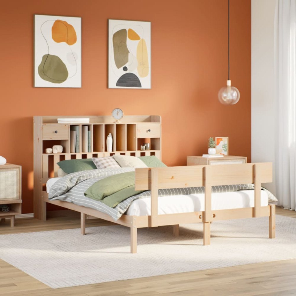 vidaXL Säng med bokhylla utan madrass 140x190cm massiv furu