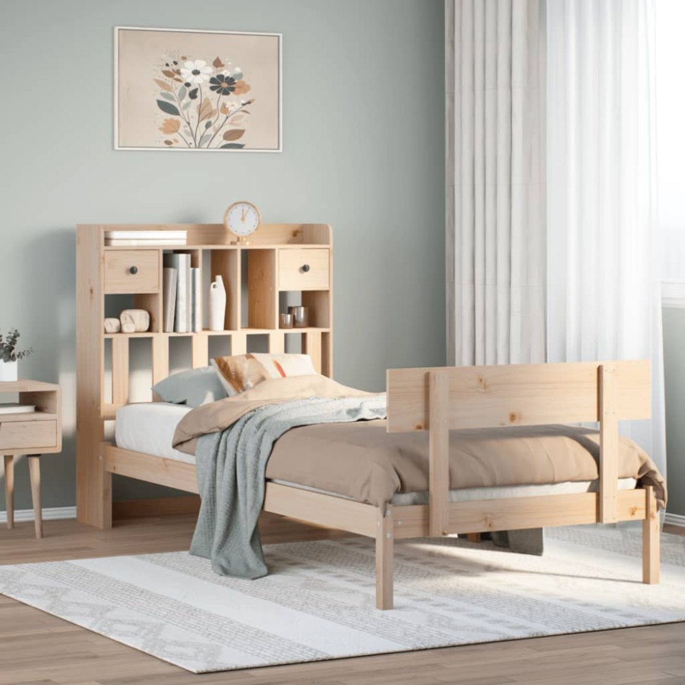 vidaXL Säng med bokhylla utan madrass 90x200cm massiv furu