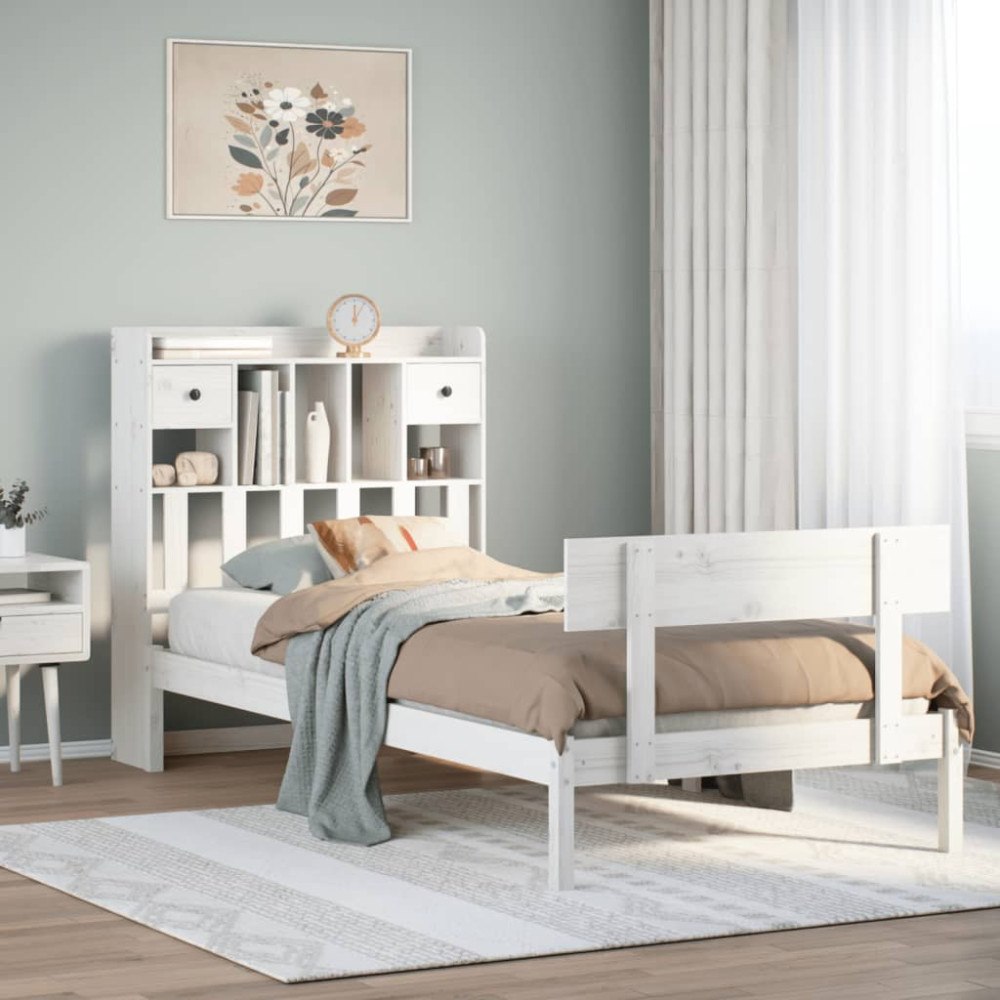 vidaXL Säng med bokhylla utan madrass vit 90x200cm massiv furu