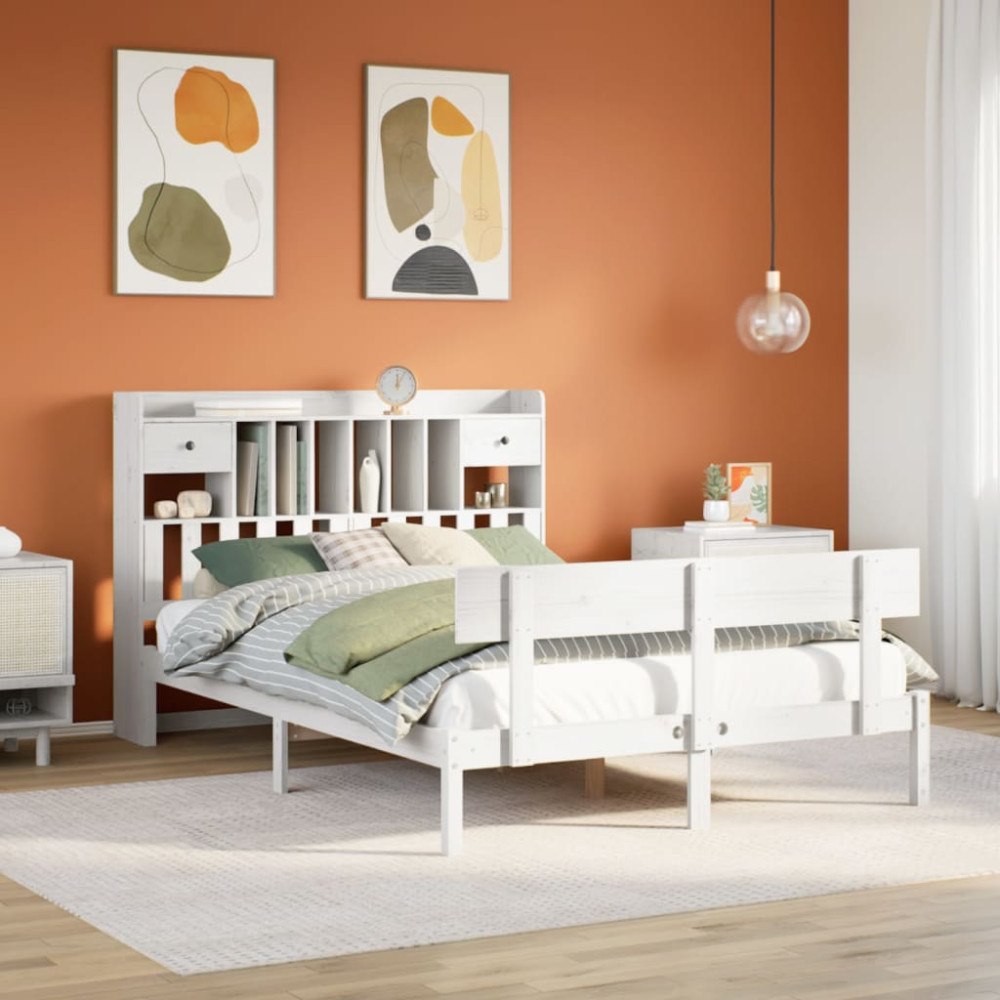 vidaXL Säng med bokhylla utan madrass vit 160x200cm massiv furu