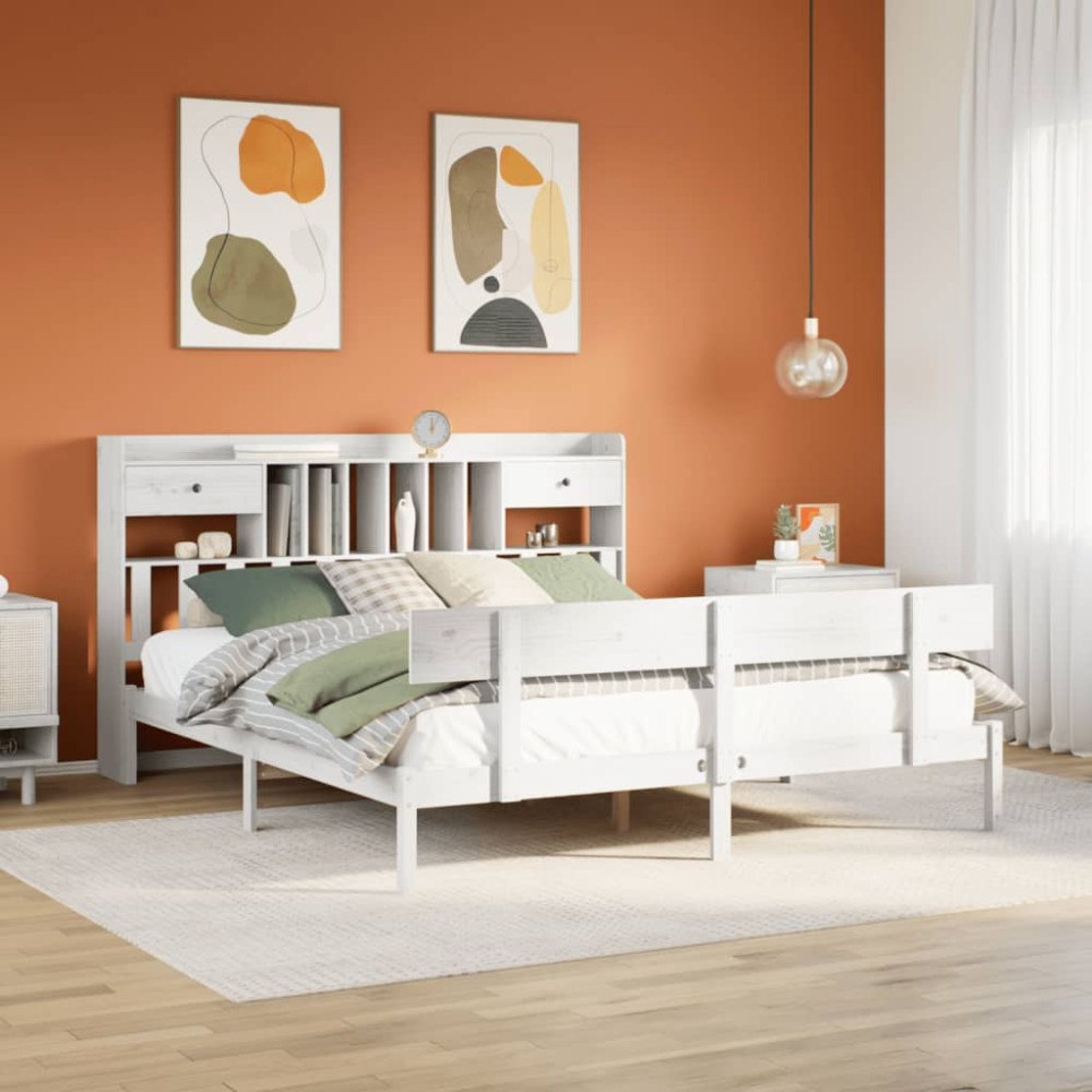vidaXL Säng med bokhylla utan madrass vit 180x200cm massiv furu