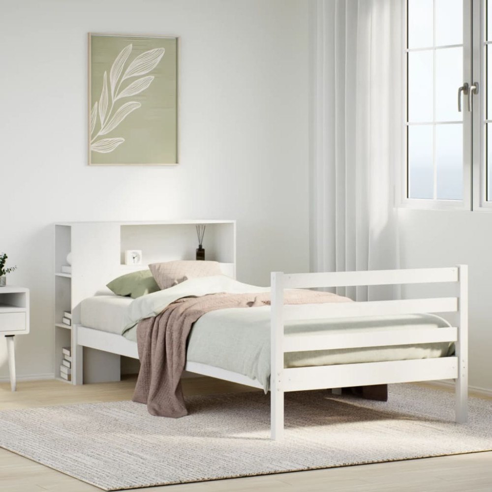 vidaXL Säng med bokhylla utan madrass vit 100x200cm massiv furu