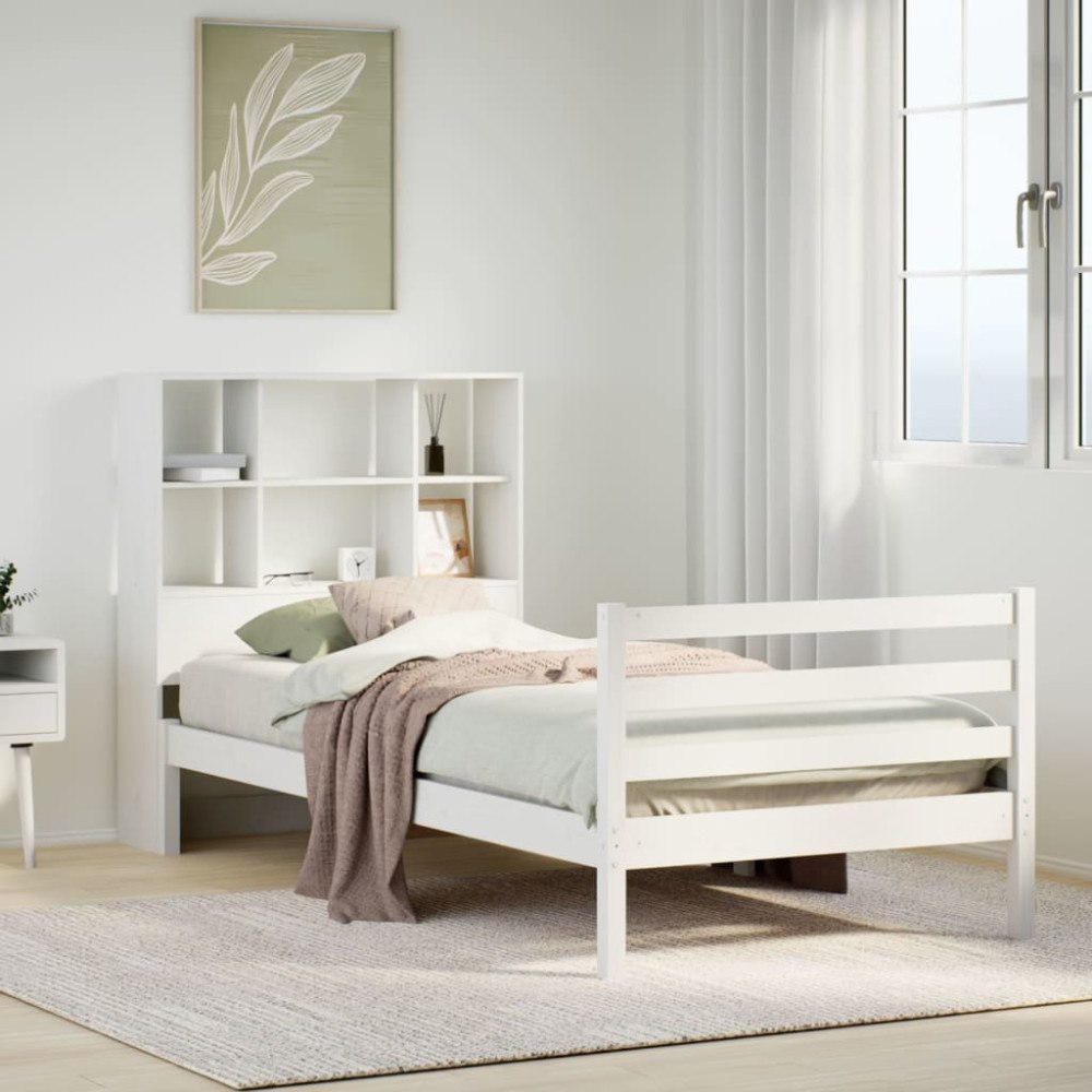 vidaXL Säng med bokhylla utan madrass vit 90x190cm massiv furu