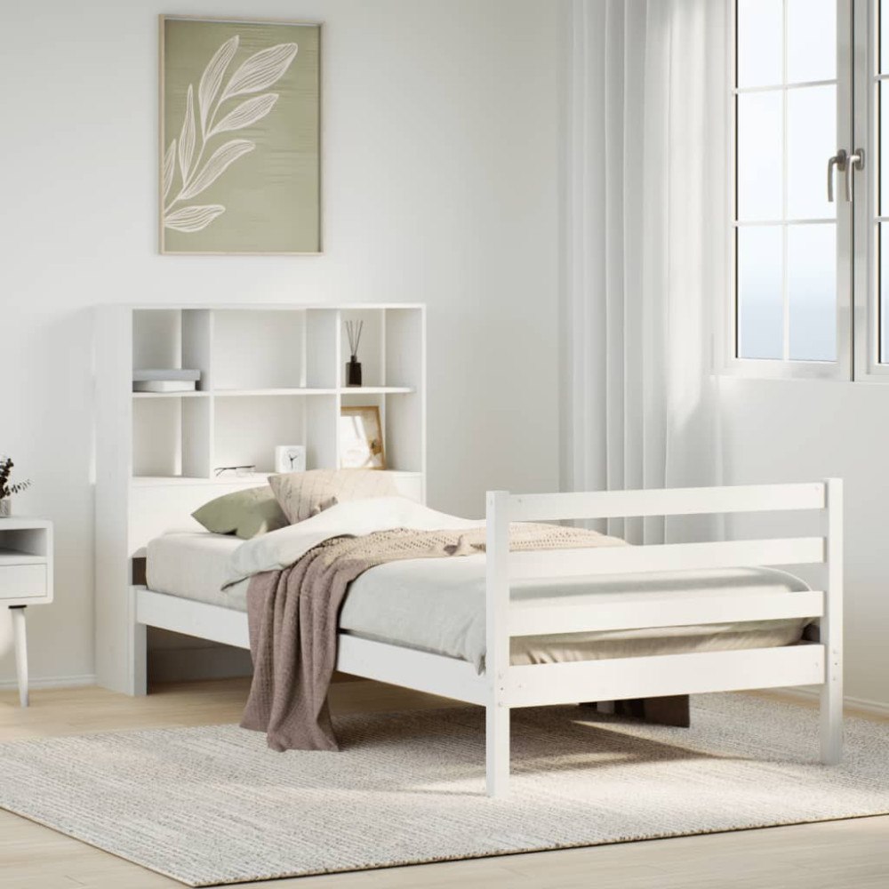 vidaXL Säng med bokhylla utan madrass vit 90x200cm massiv furu