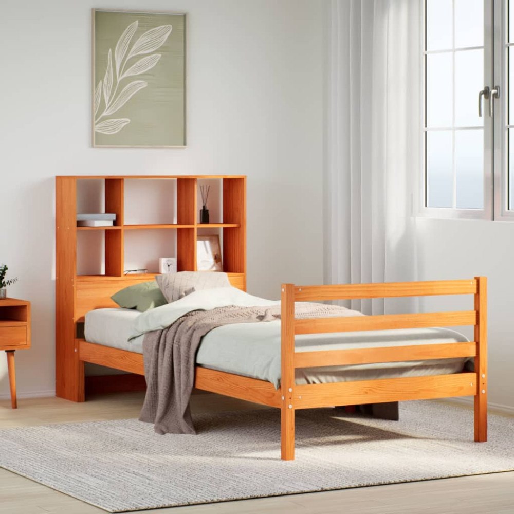 vidaXL Säng med bokhylla utan madrass vaxbrun 100x200 cm massiv trä