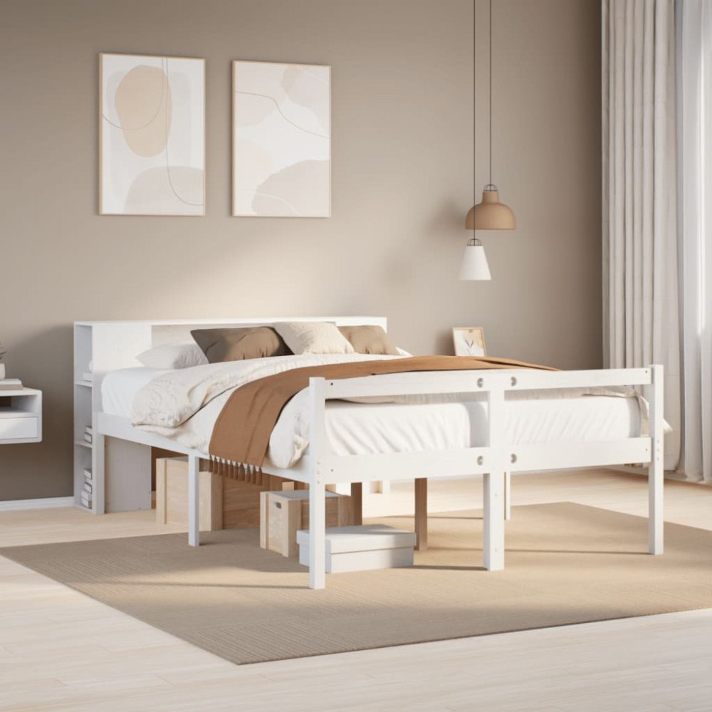 vidaXL Säng med bokhylla utan madrass vit 150x200 cm massiv furu