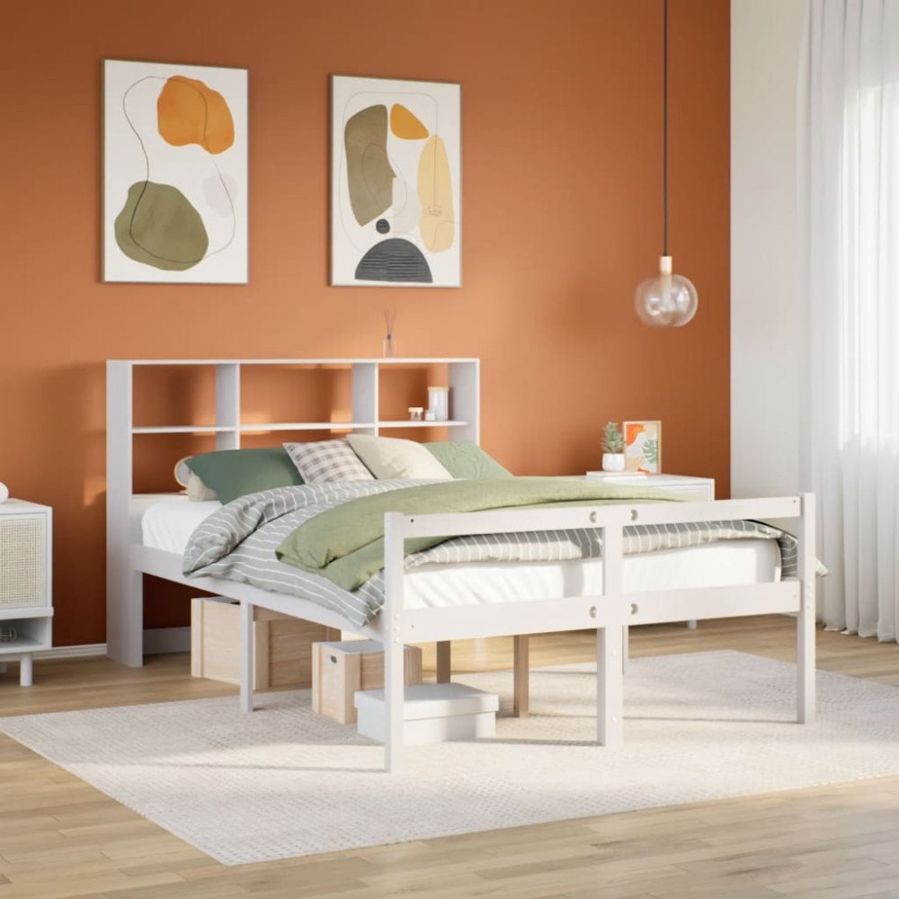 vidaXL Säng med bokhylla utan madrass vit 160x200cm massiv furu