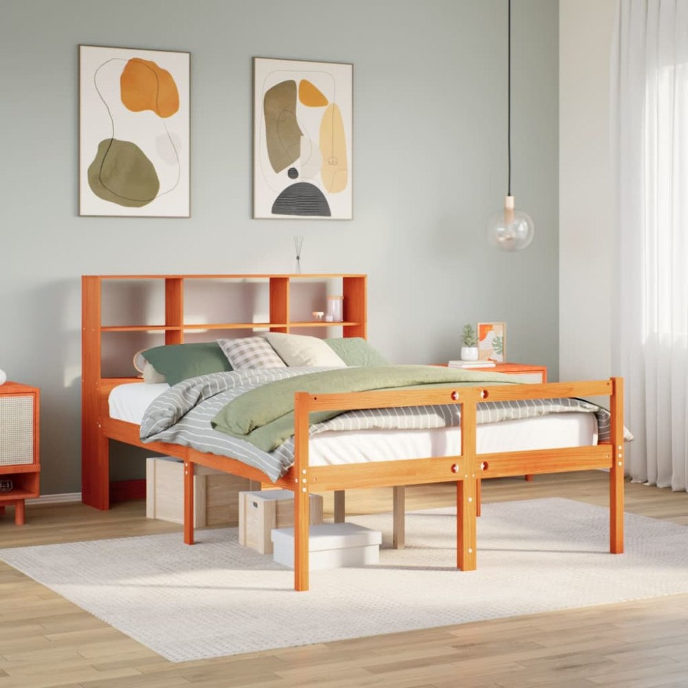 vidaXL Säng med bokhylla utan madrass vaxbrun 150x200 cm massiv trä