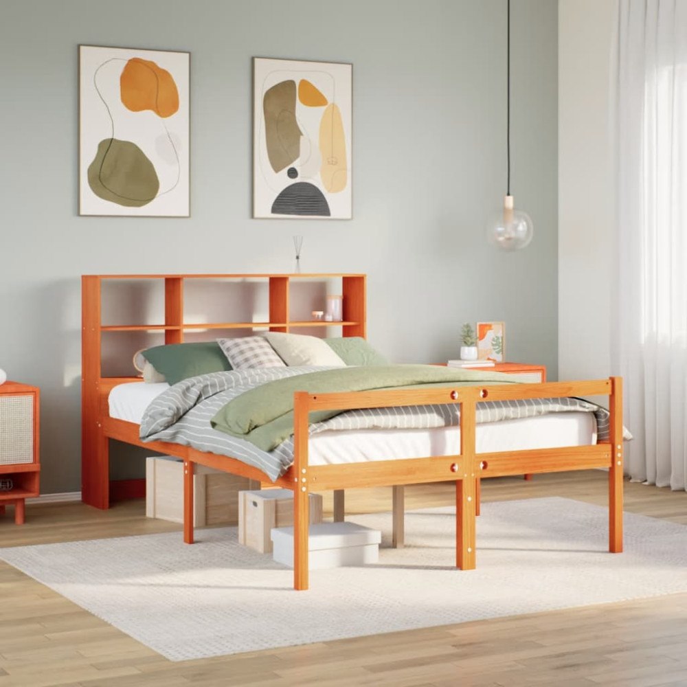 vidaXL Säng med bokhylla utan madrass vaxbrun 160x200 cm massiv trä