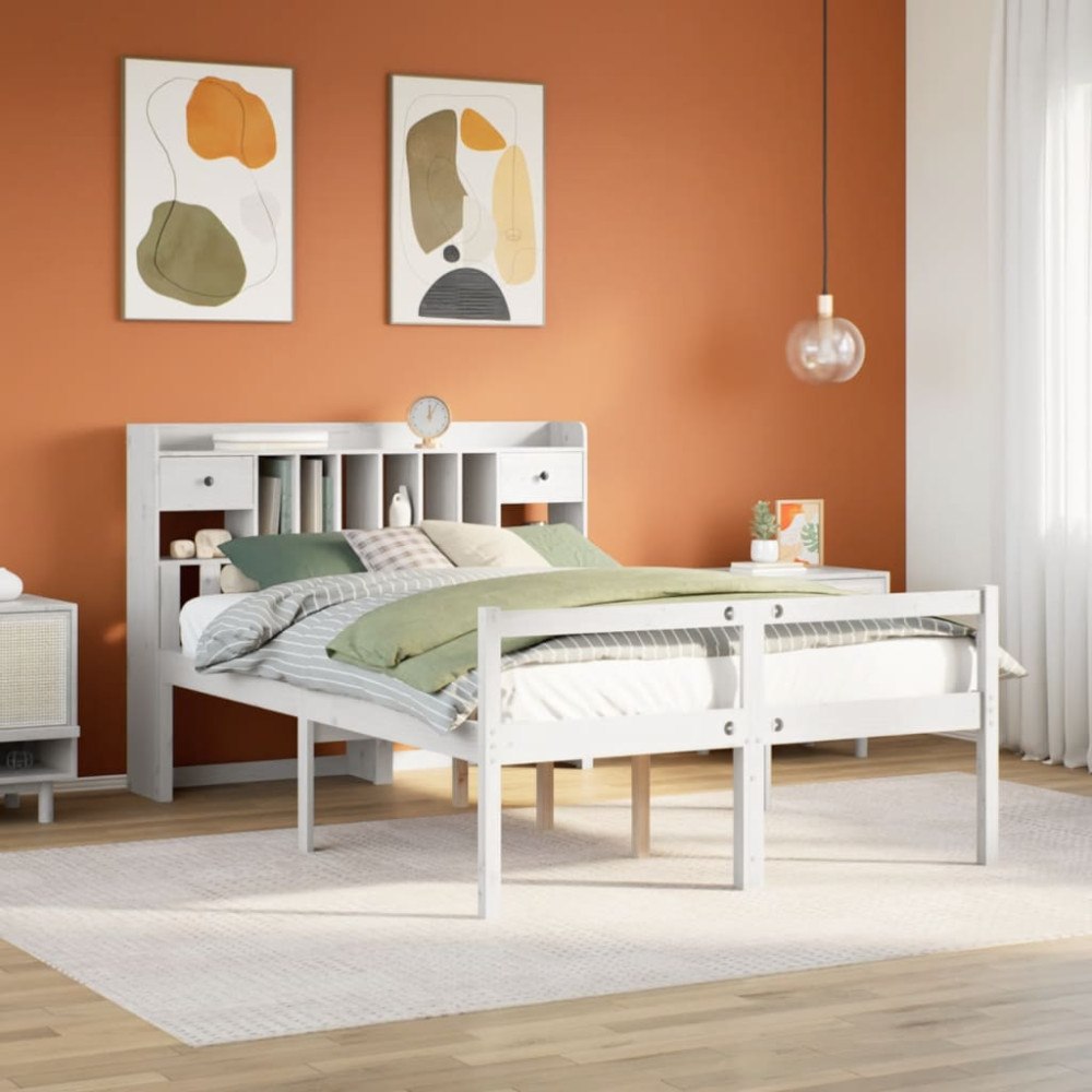 vidaXL Säng med bokhylla utan madrass vit 140x200cm massiv furu