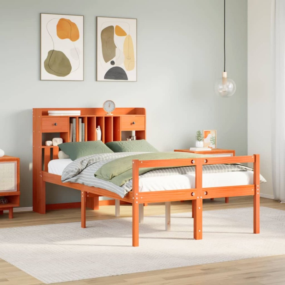 vidaXL Säng med bokhylla utan madrass vaxbrun 135x190cm massiv furu