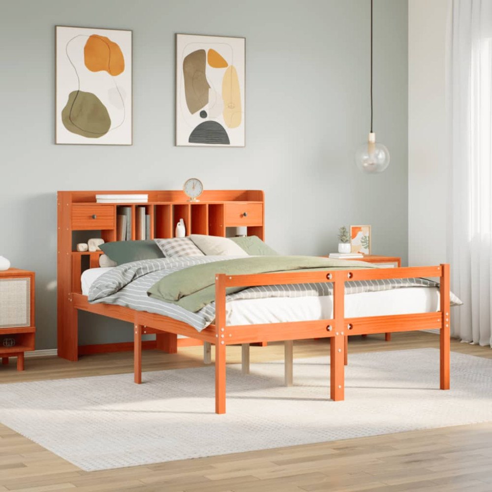 vidaXL Säng med bokhylla utan madrass vaxbrun 160x200cm massiv furu