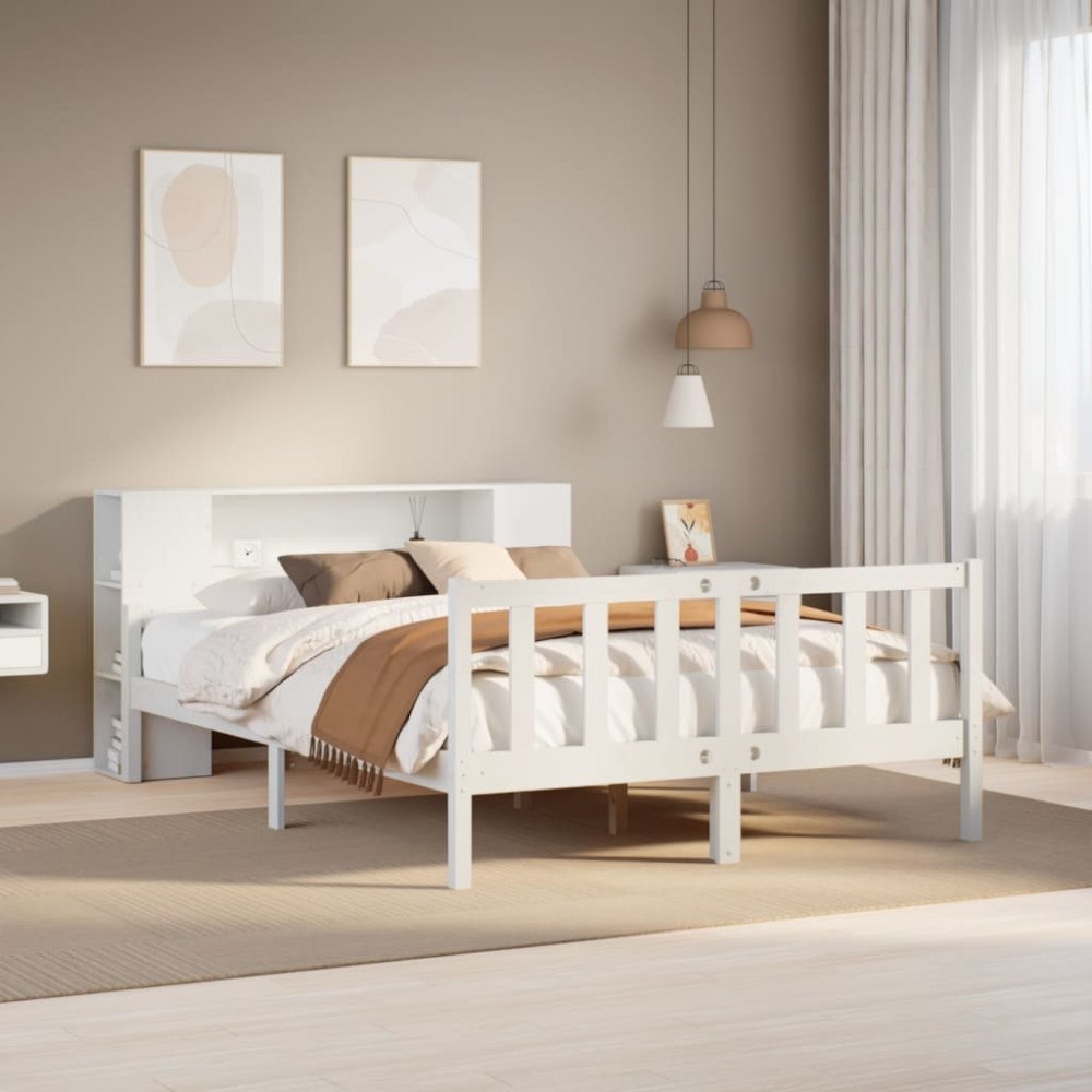 vidaXL Säng med bokhylla utan madrass vit 160x200cm massiv furu