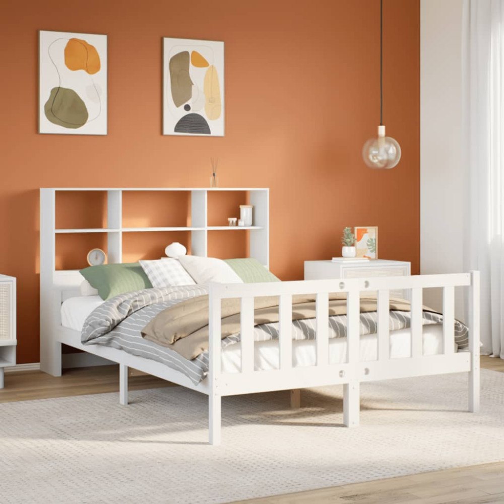 vidaXL Säng med bokhylla utan madrass vit 160x200cm massiv furu