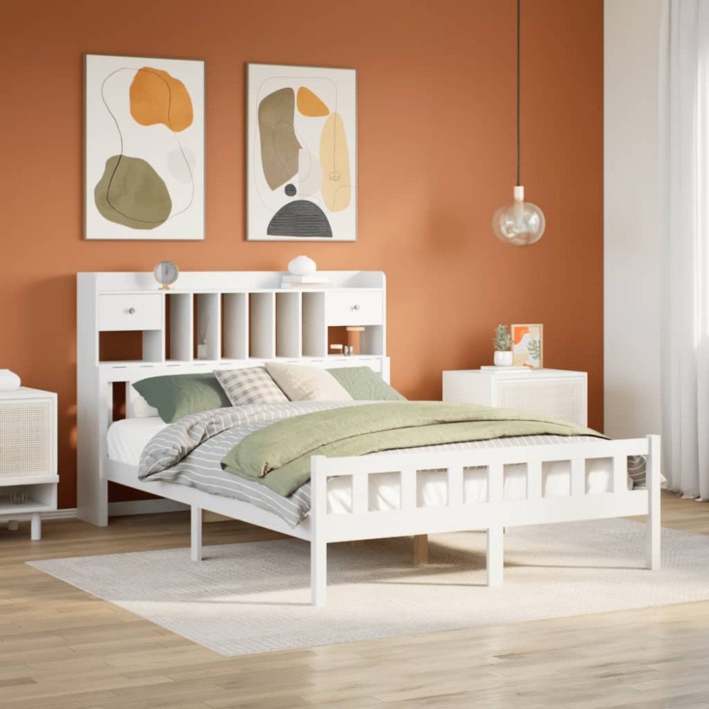 vidaXL Säng med bokhylla utan madrass vit 150x200 cm massiv furu