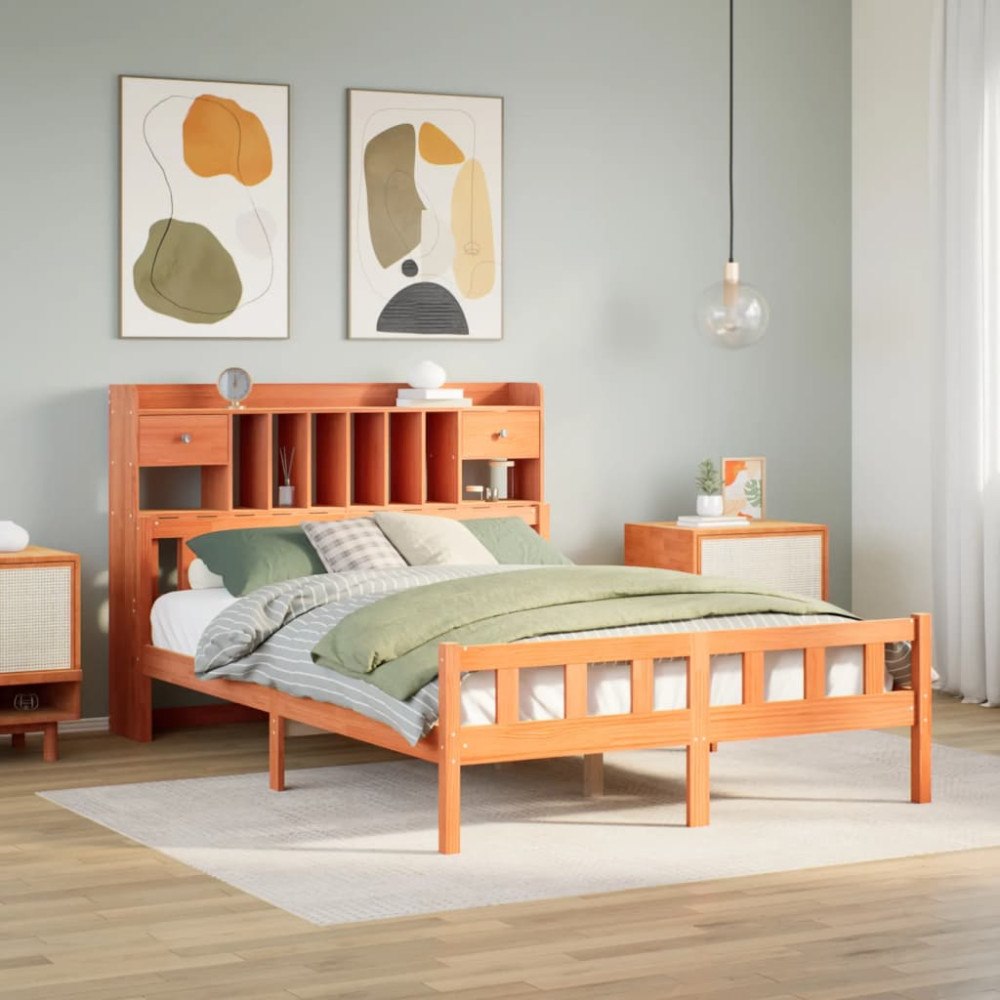 vidaXL Säng med bokhylla utan madrass vaxbrun 150x200cm massiv furu