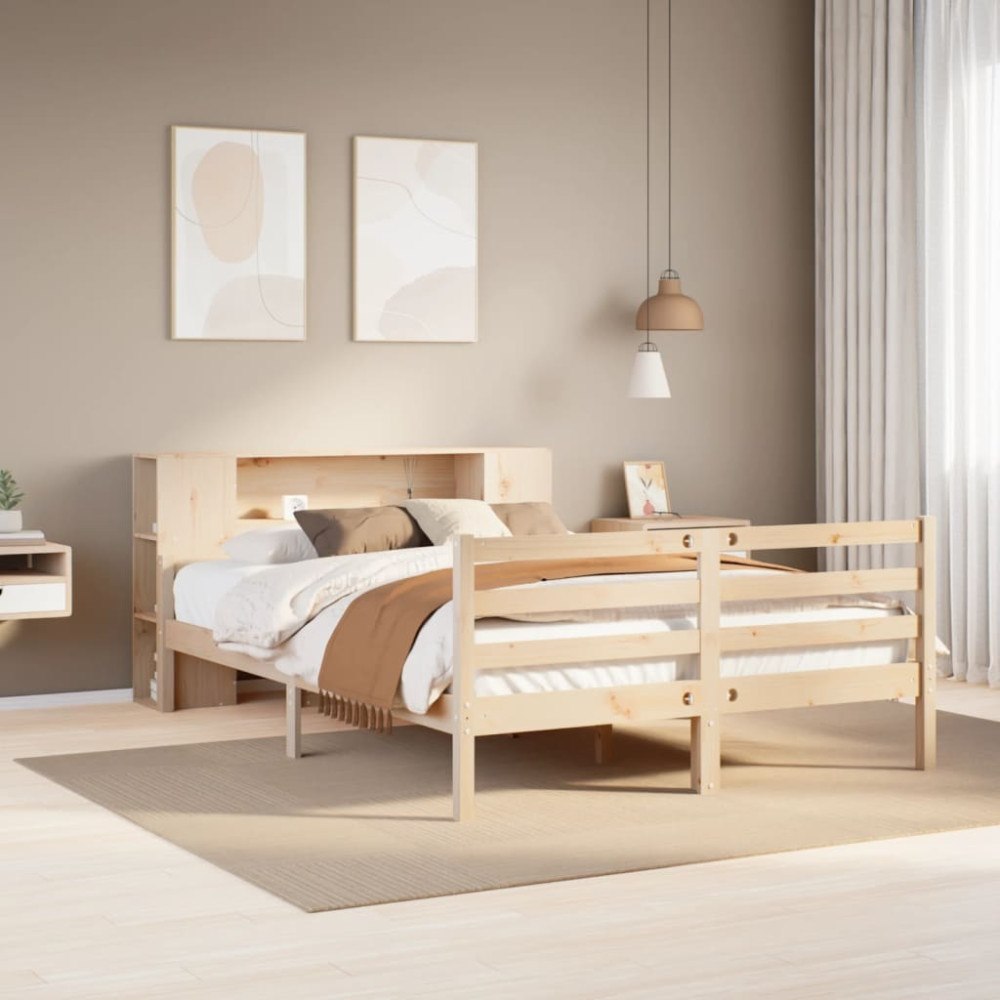 vidaXL Säng med bokhylla utan madrass 135x190cm massiv furu