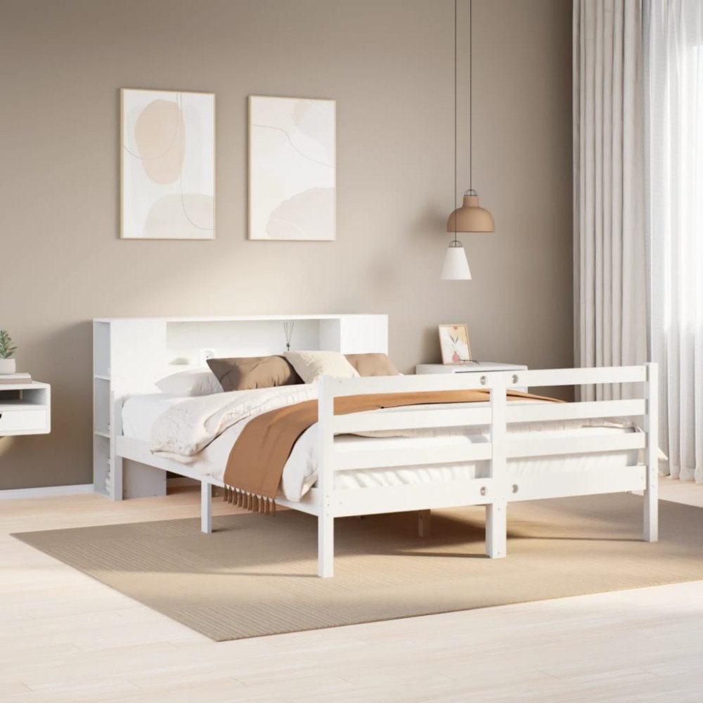 vidaXL Säng med bokhylla utan madrass vit 150x200cm massiv furu