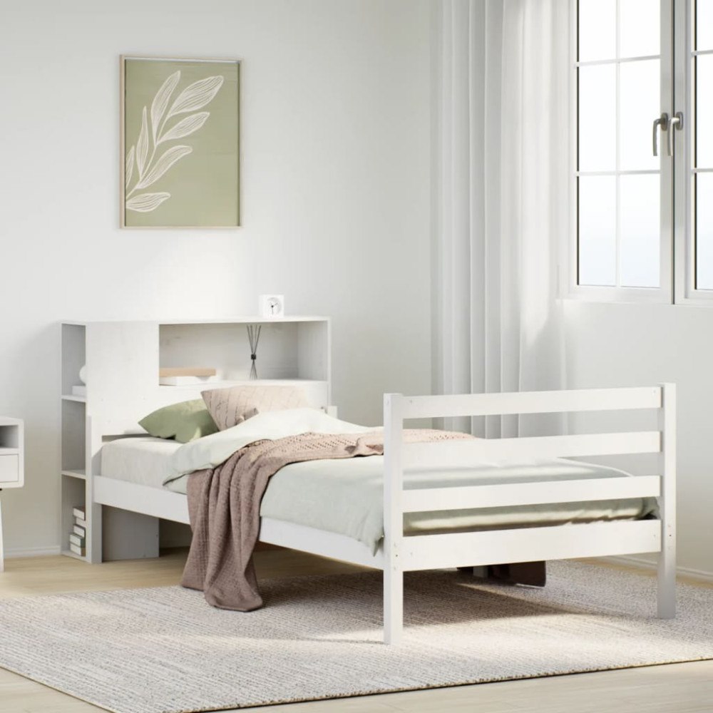 vidaXL Säng med bokhylla utan madrass vit 100x200cm massiv furu