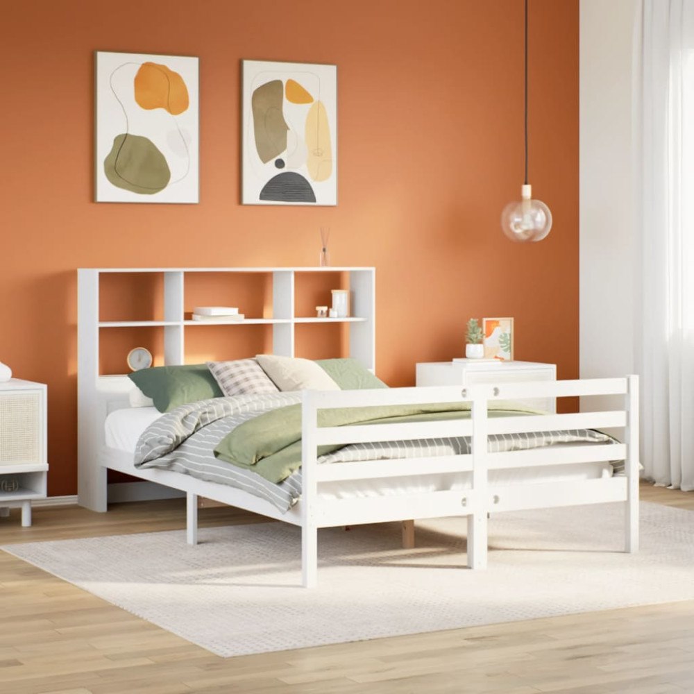 vidaXL Säng med bokhylla utan madrass vit 140x200cm massiv furu