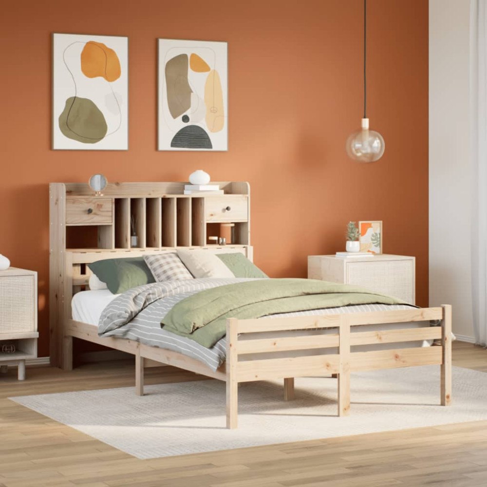 vidaXL Säng med bokhylla utan madrass 135x190cm massiv furu