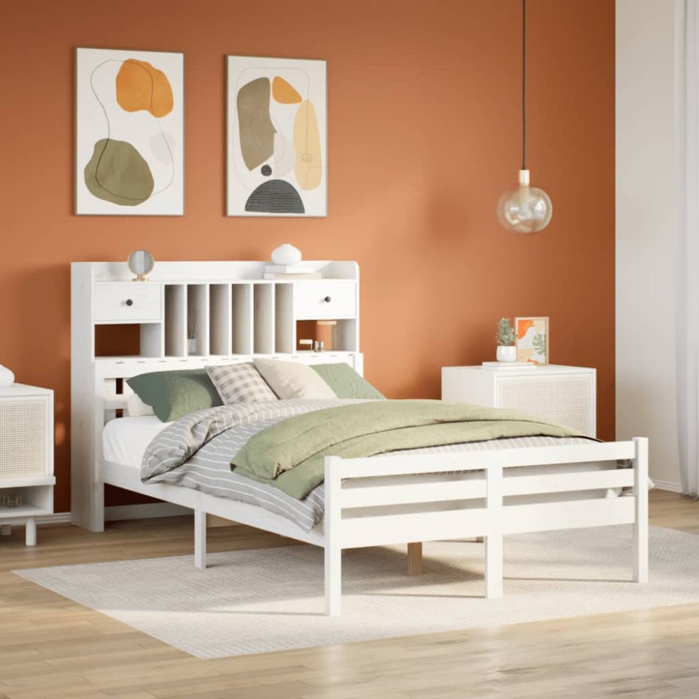 vidaXL Säng med bokhylla utan madrass vit 135x190cm massiv furu