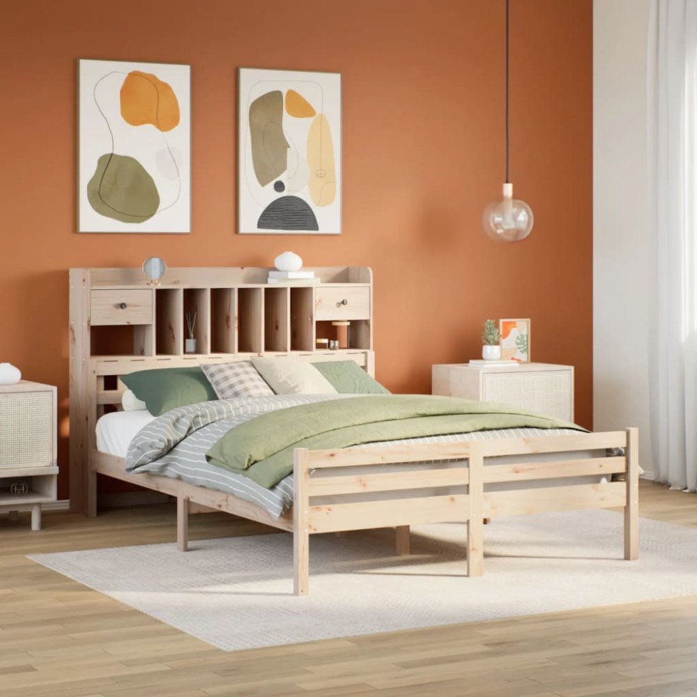 vidaXL Säng med bokhylla utan madrass 140x190cm massiv furu