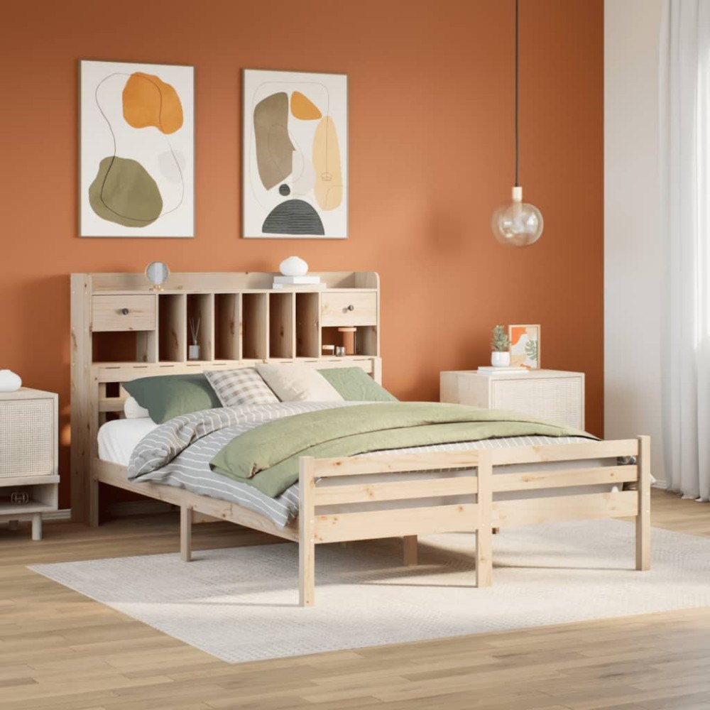 vidaXL Säng med bokhylla utan madrass 140x200cm massiv furu
