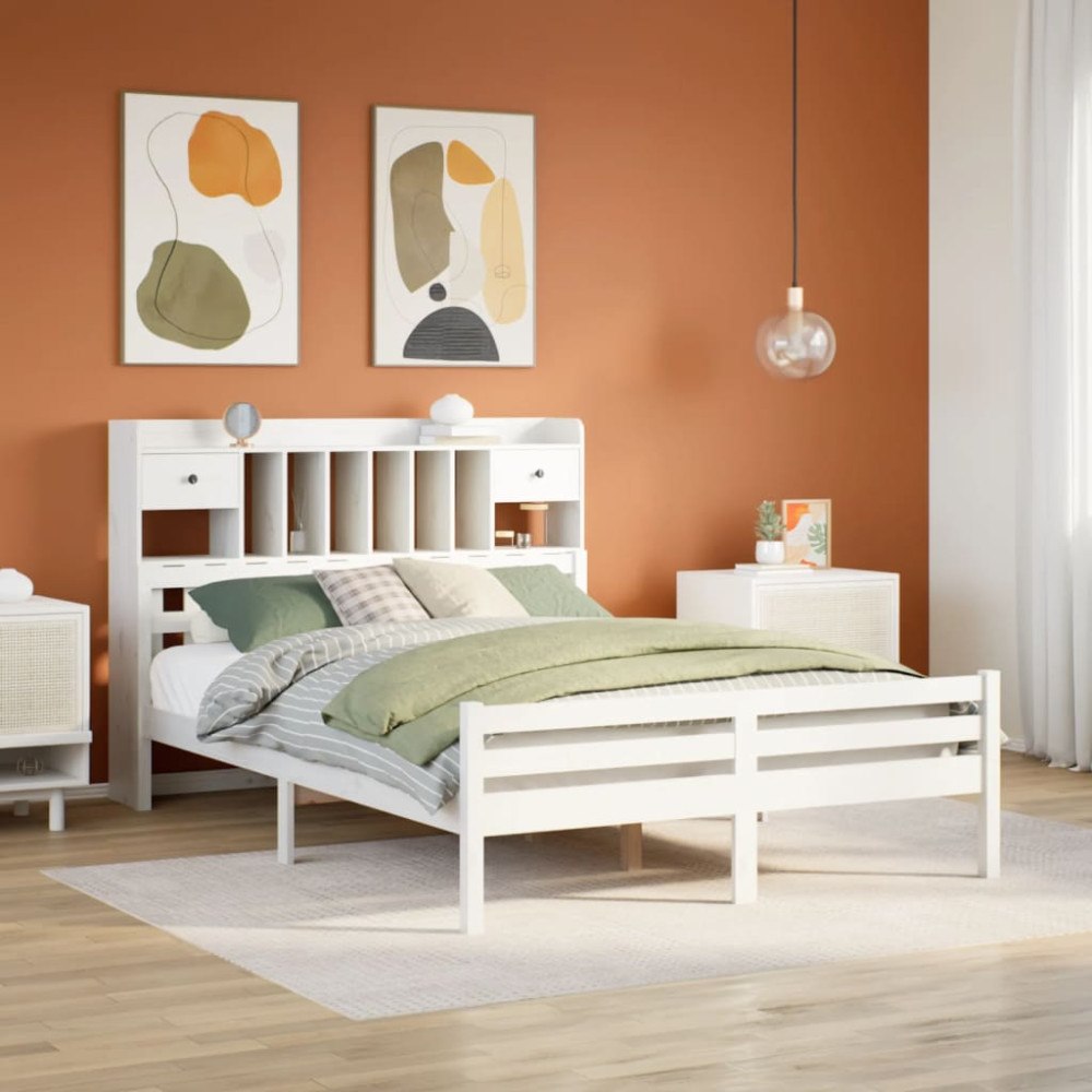 vidaXL Säng med bokhylla utan madrass vit 150x200cm massiv furu
