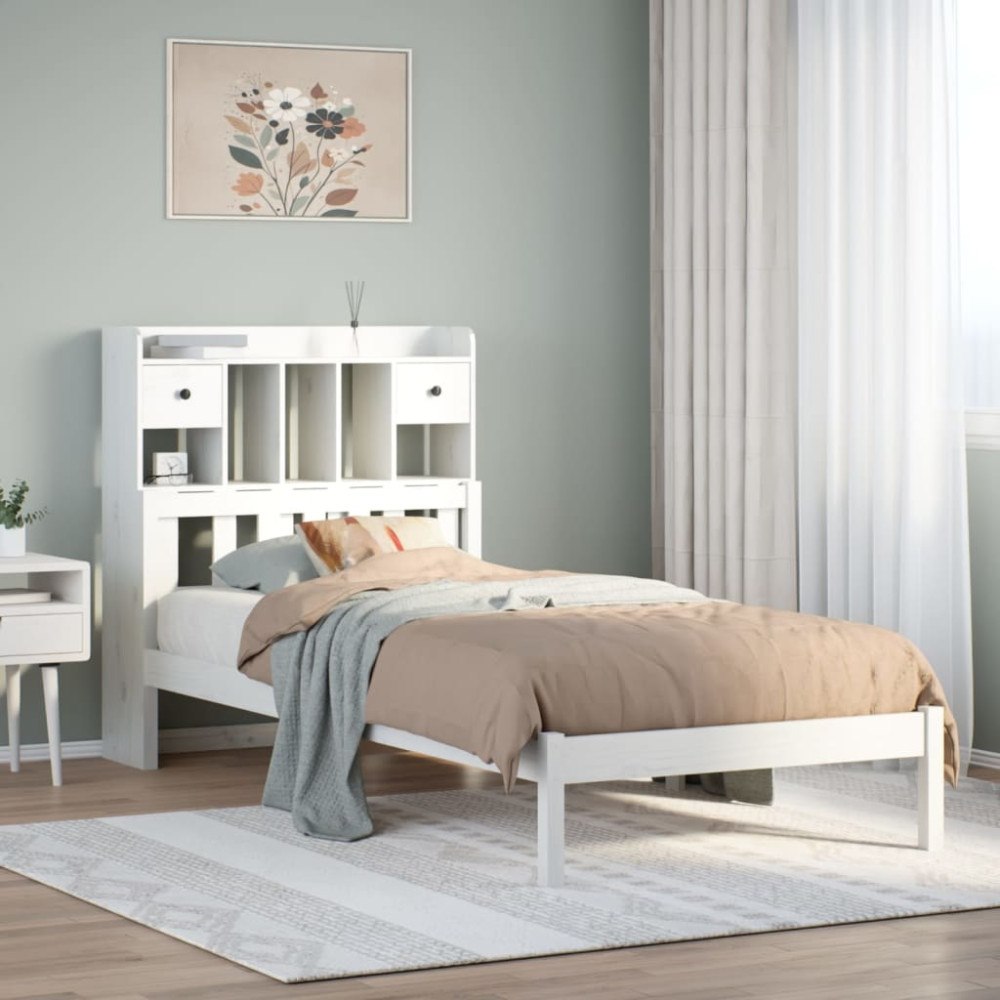 vidaXL Säng med bokhylla utan madrass vit 90x200cm massiv furu
