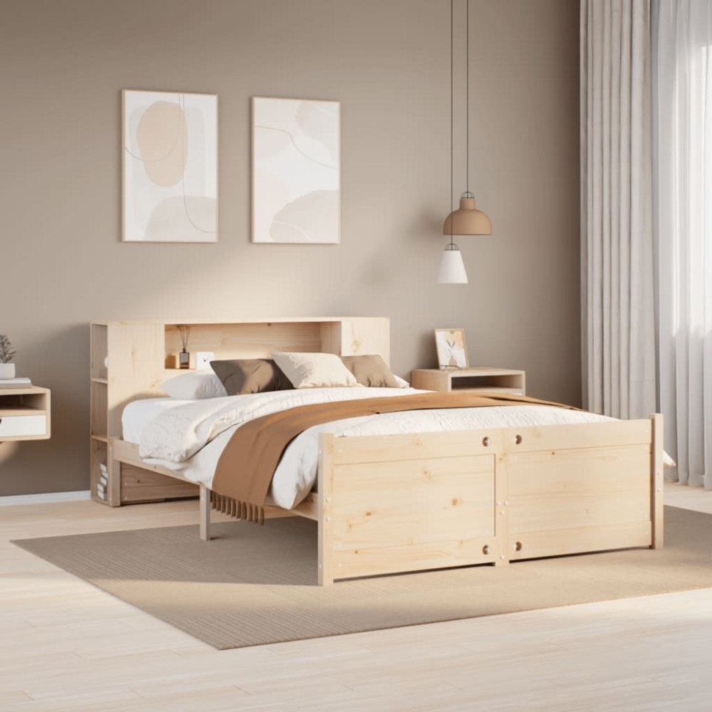 vidaXL Säng med bokhylla utan madrass 135x190cm massiv furu