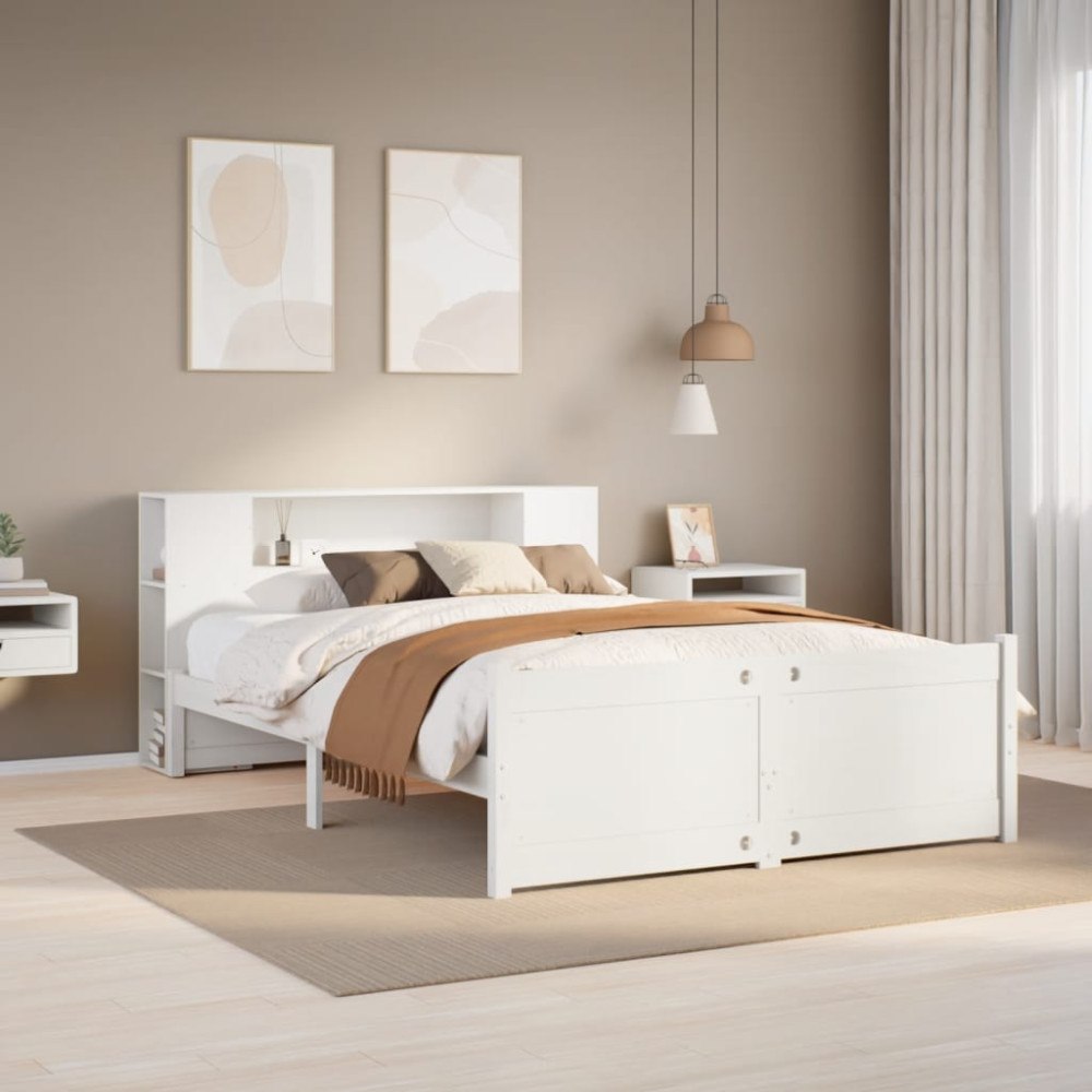 vidaXL Säng med bokhylla utan madrass vit 140x190cm massiv furu