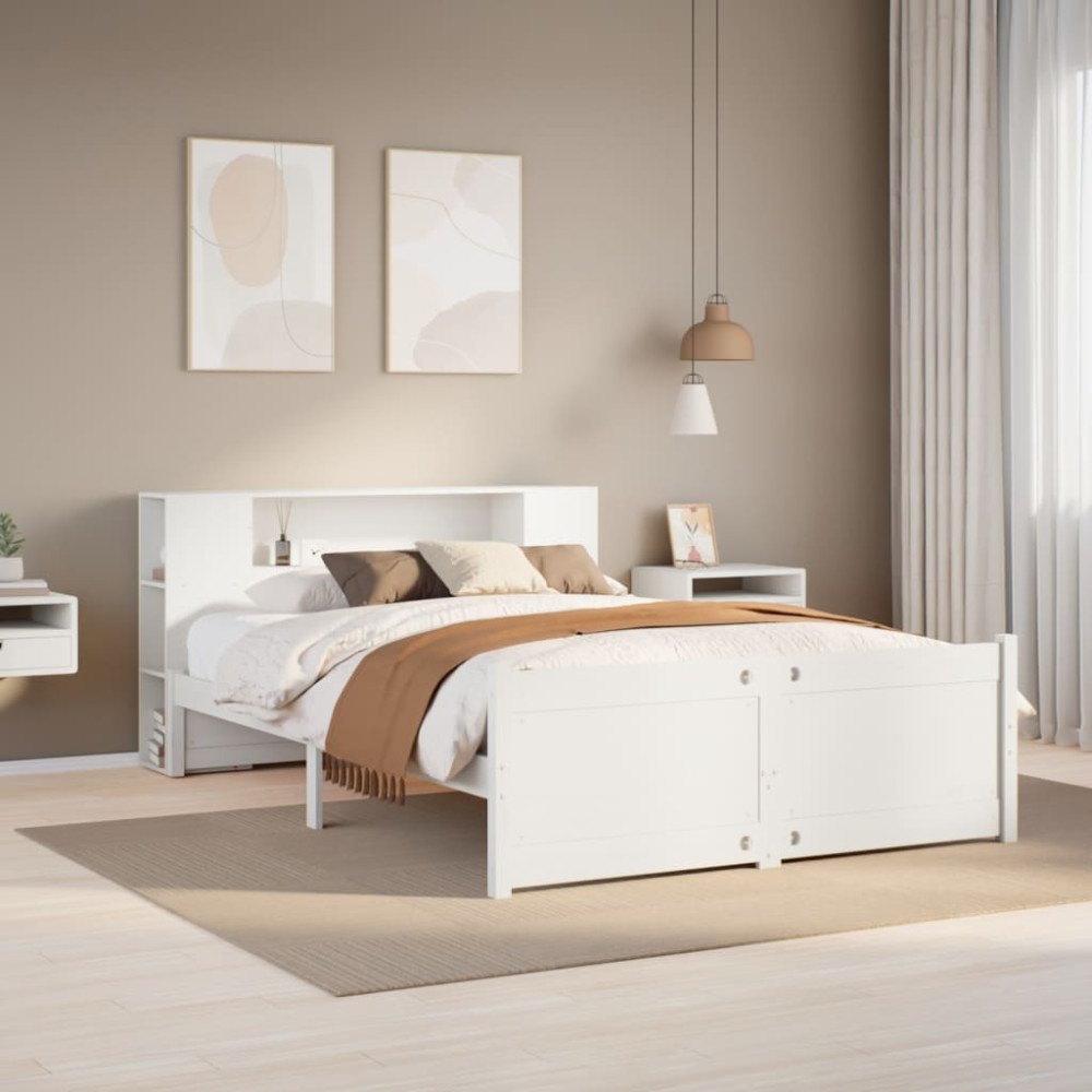 vidaXL Säng med bokhylla utan madrass vit 150x200cm massiv furu