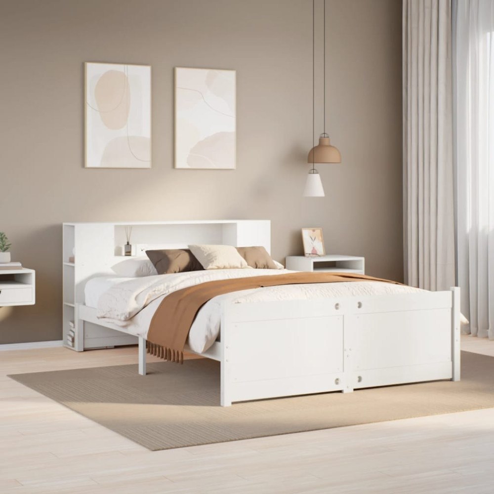 vidaXL Säng med bokhylla utan madrass vit 160x200cm massiv furu