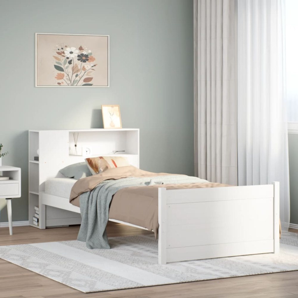 vidaXL Säng med bokhylla utan madrass vit 90x200cm massiv furu