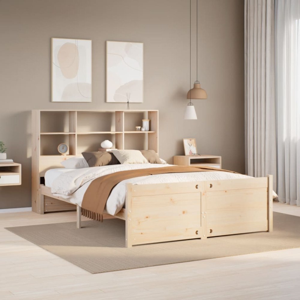 vidaXL Säng med bokhylla utan madrass 140x190cm massiv furu