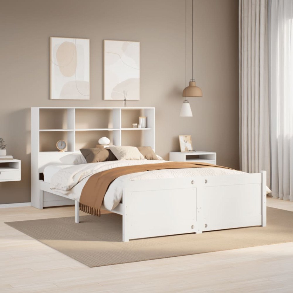 vidaXL Säng med bokhylla utan madrass vit 140x190cm massiv furu