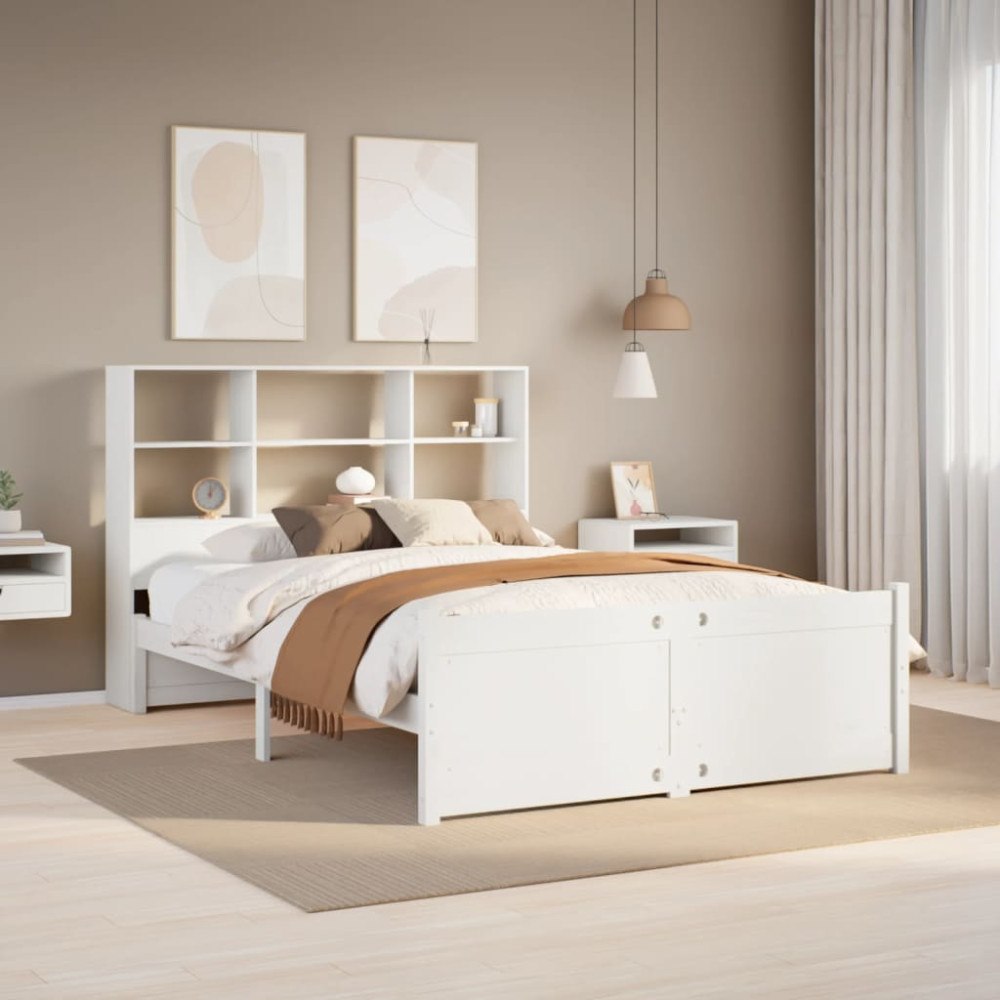 vidaXL Säng med bokhylla utan madrass vit 140x200cm massiv furu