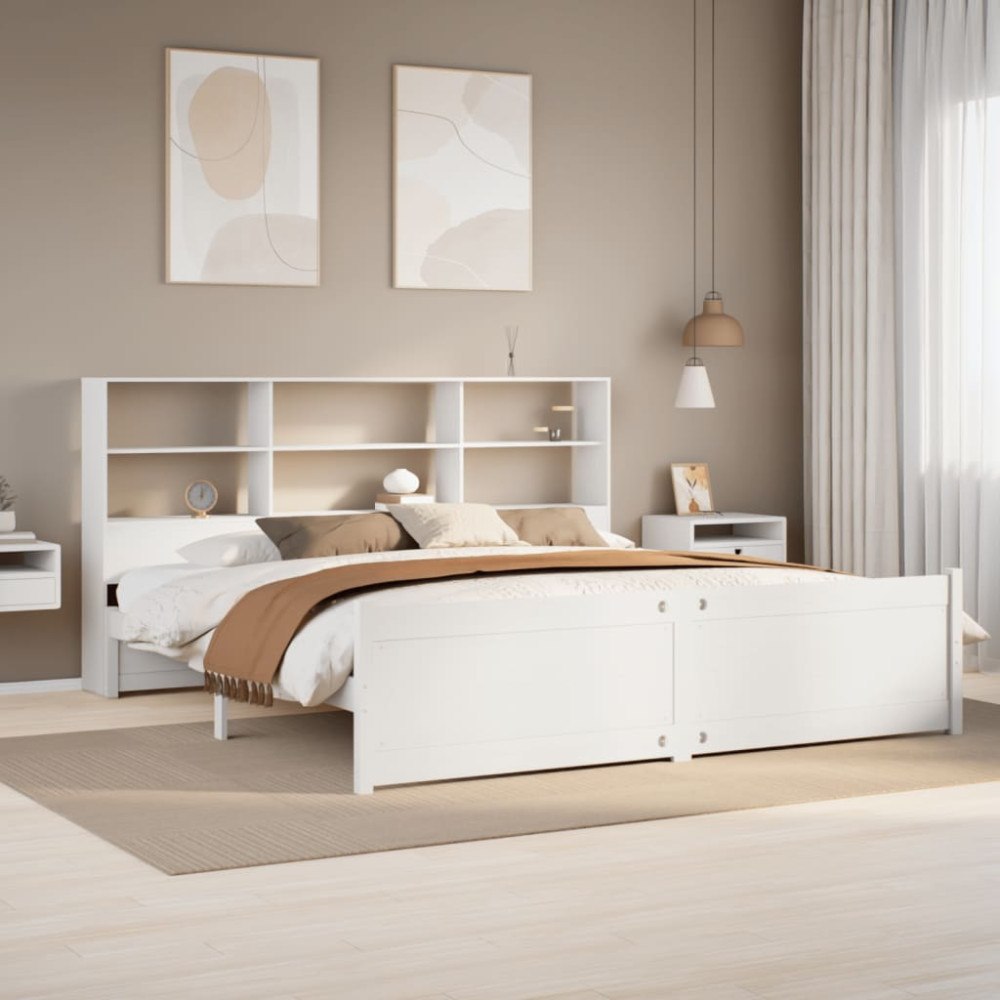 vidaXL Säng med bokhylla utan madrass vit 180x200cm massiv furu