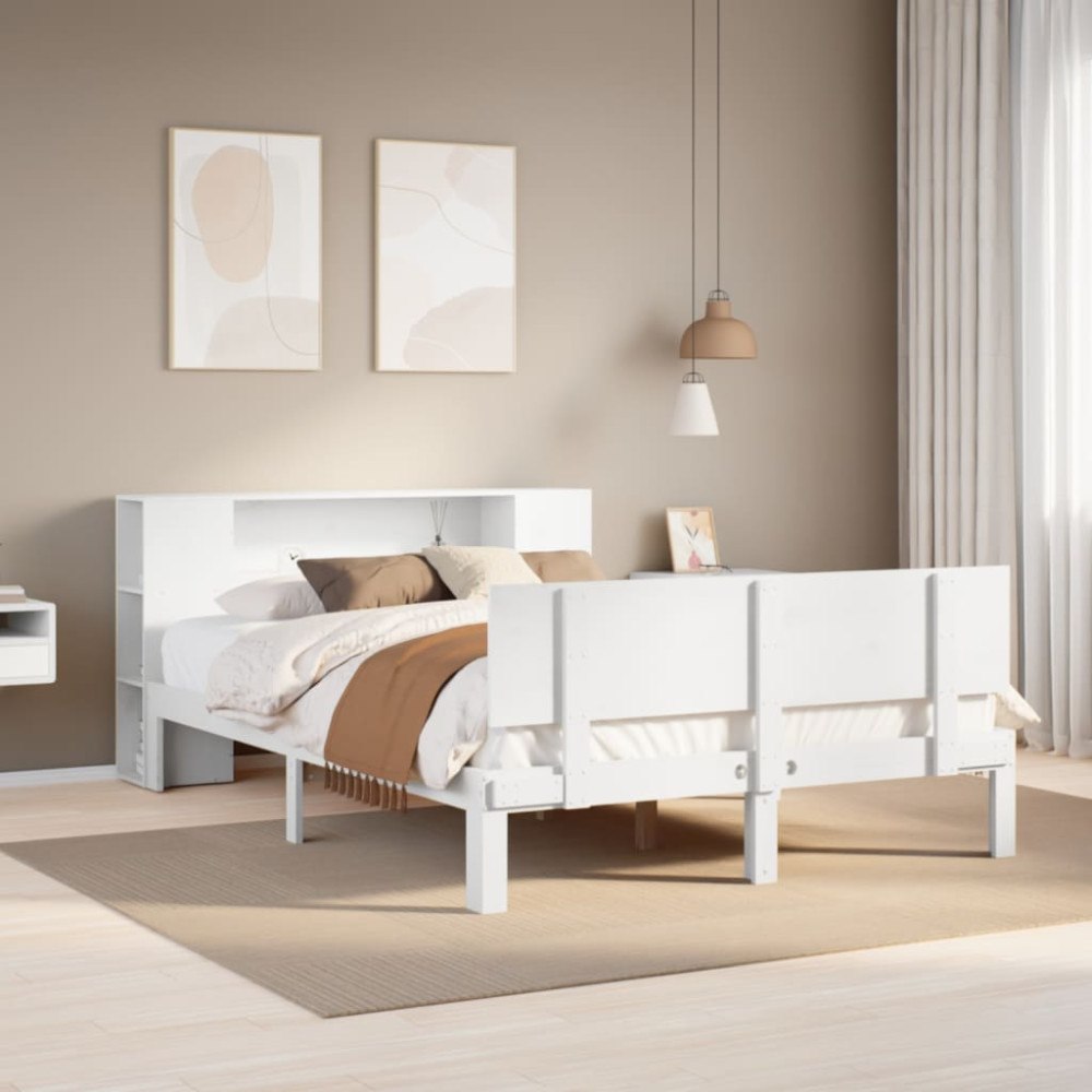 vidaXL Säng med bokhylla utan madrass vit 120x200 cm massiv furu