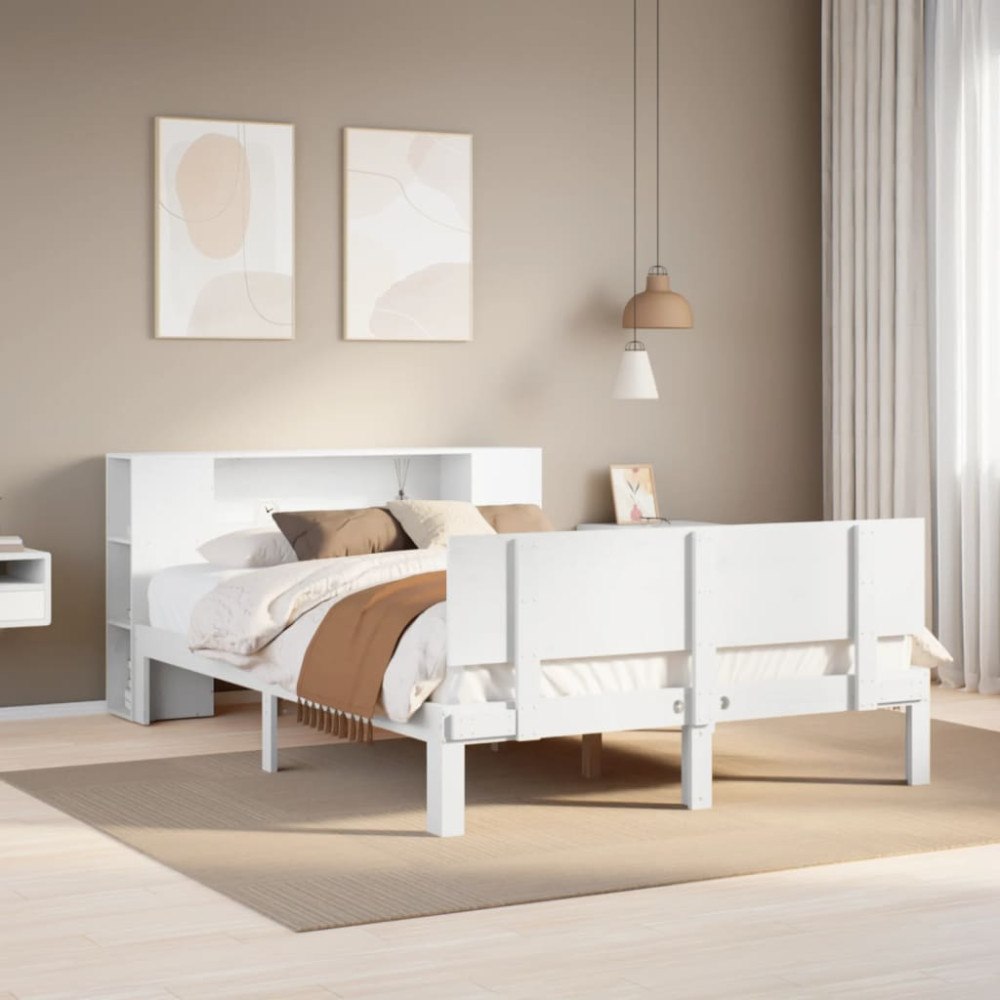 vidaXL Säng med bokhylla utan madrass vit 140x200cm massiv furu