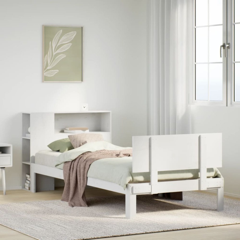 vidaXL Säng med bokhylla utan madrass vit 100x200cm massiv furu
