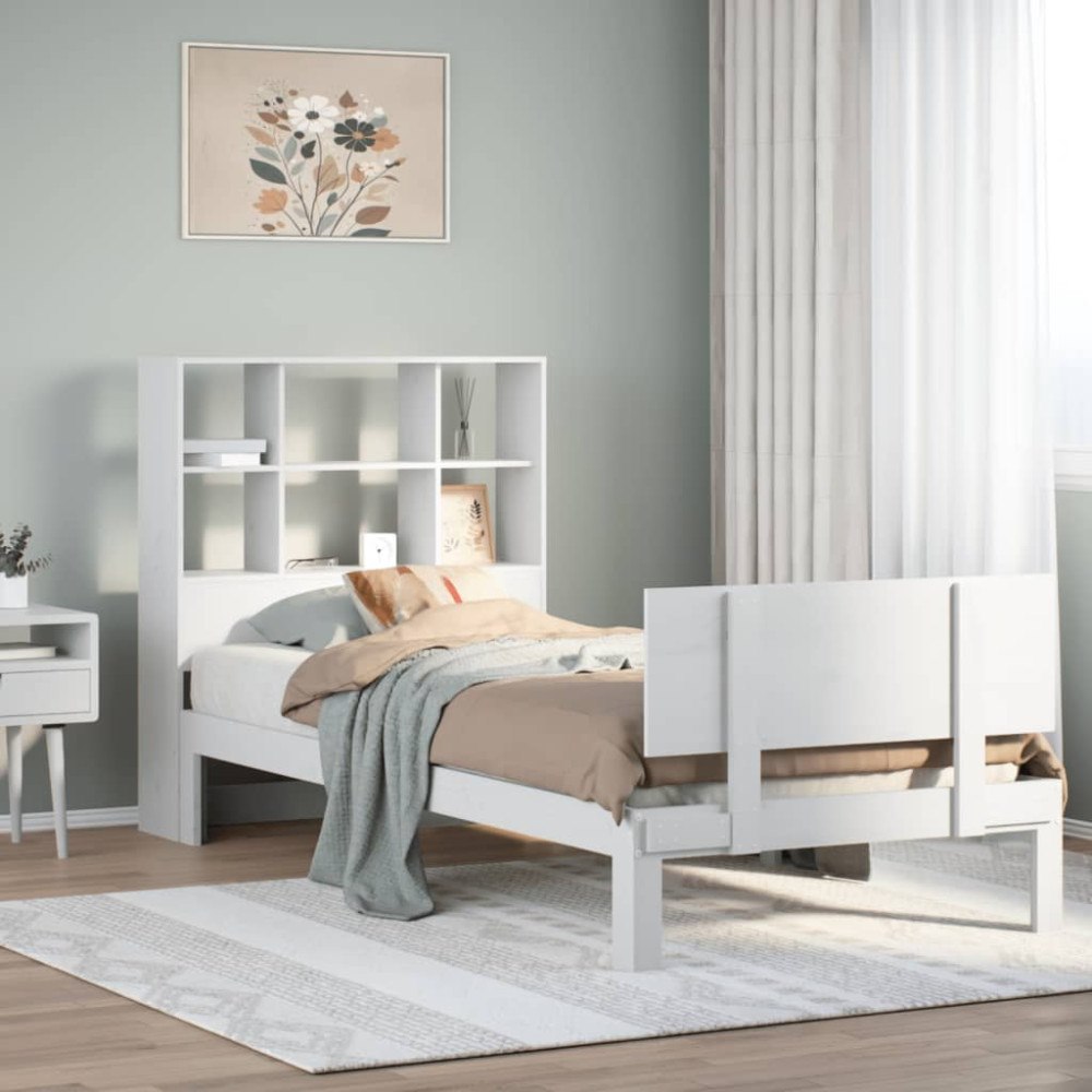 vidaXL Säng med bokhylla utan madrass vit 90x200cm massiv furu