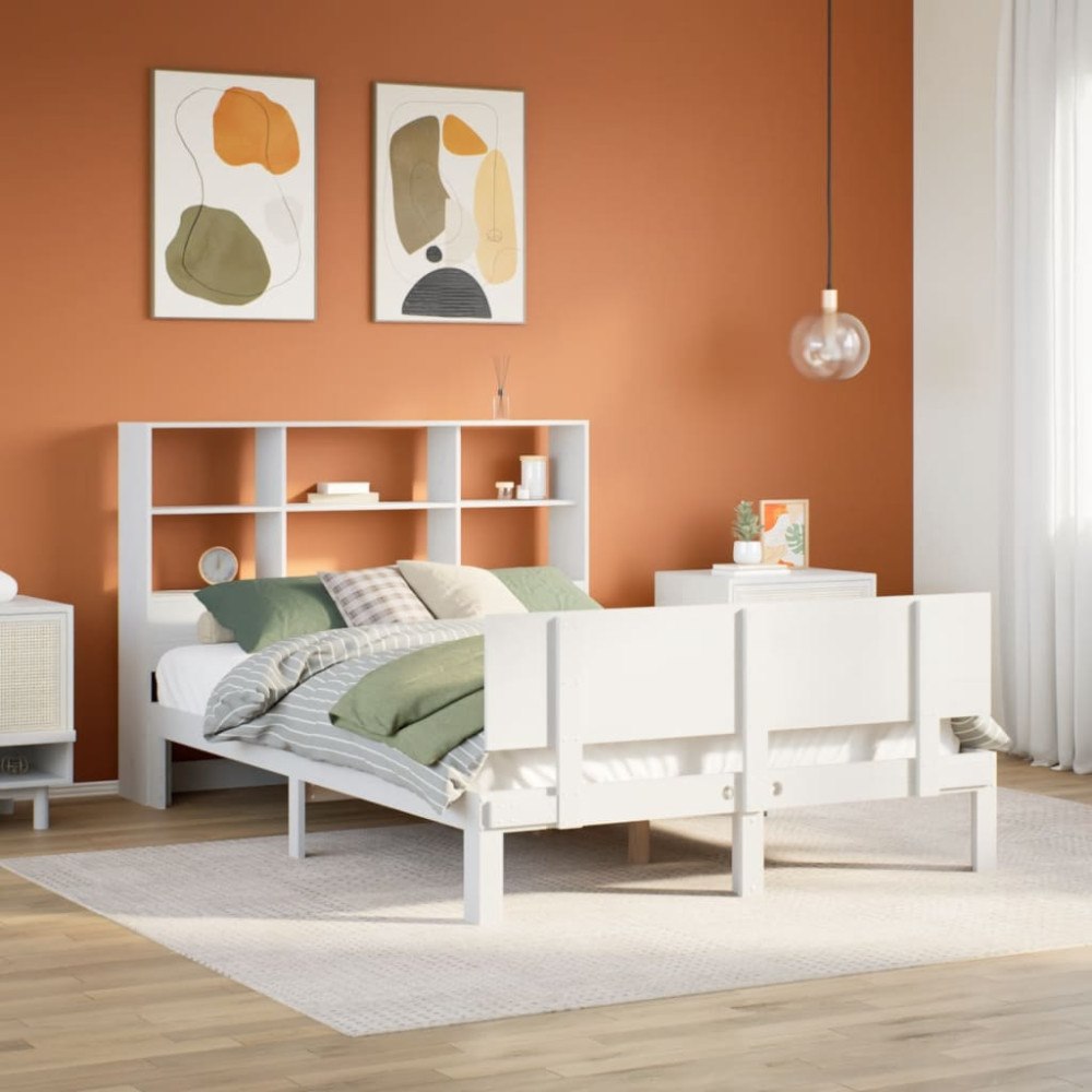 vidaXL Säng med bokhylla utan madrass vit 140x200cm massiv furu