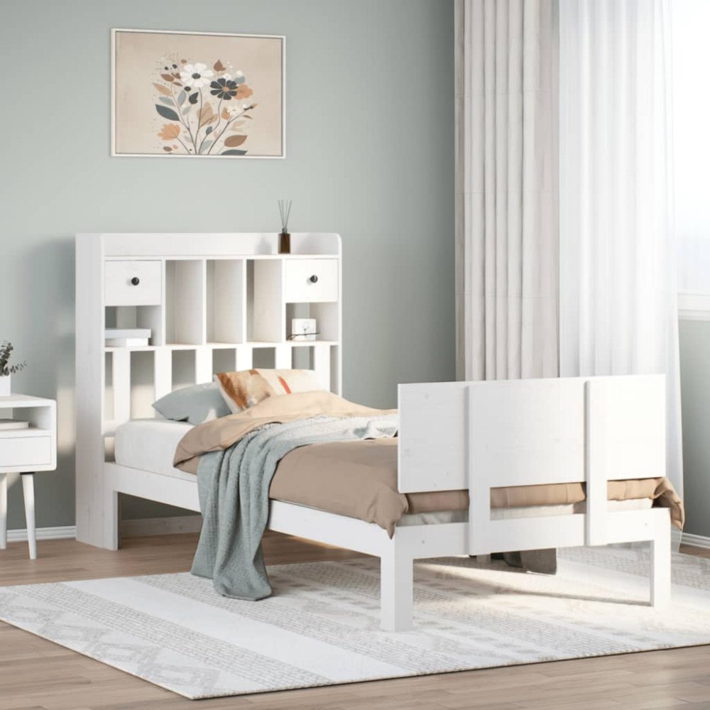 vidaXL Säng med bokhylla utan madrass vit 90x200cm massiv furu