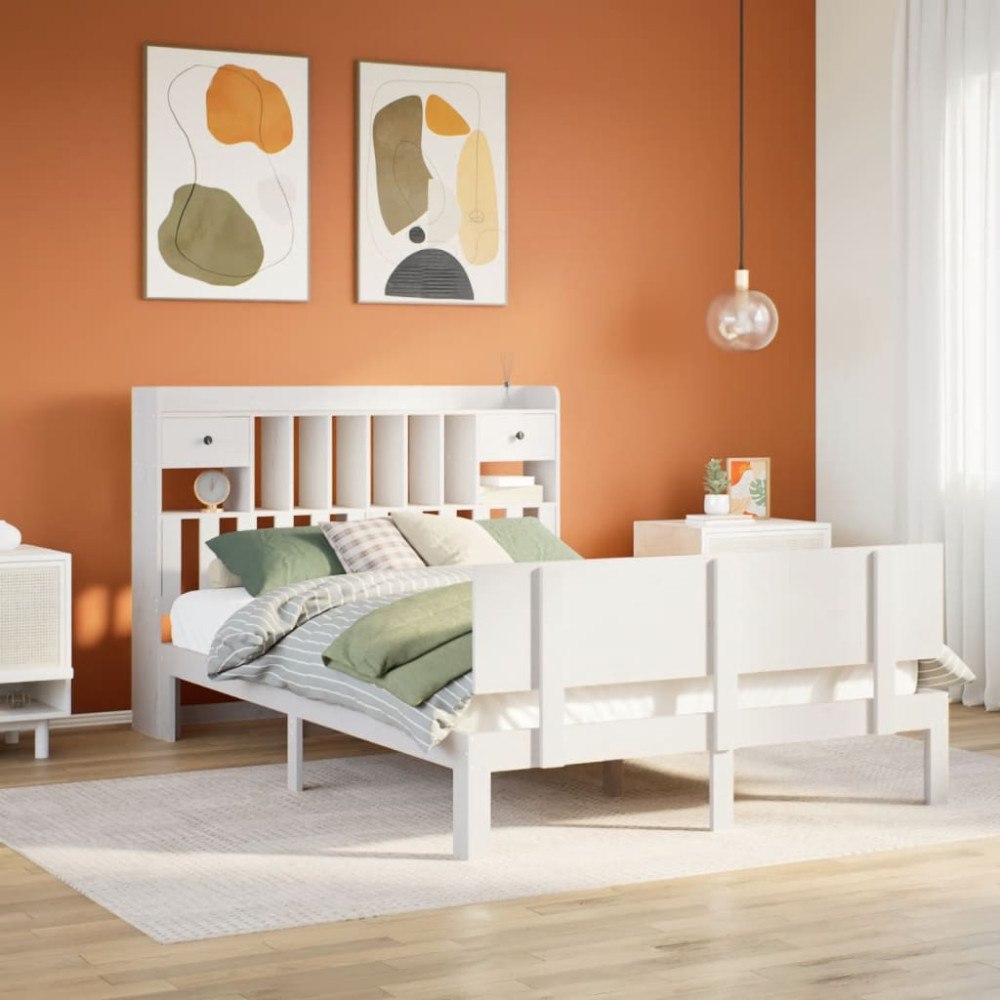 vidaXL Säng med bokhylla utan madrass vit 140x200cm massiv furu