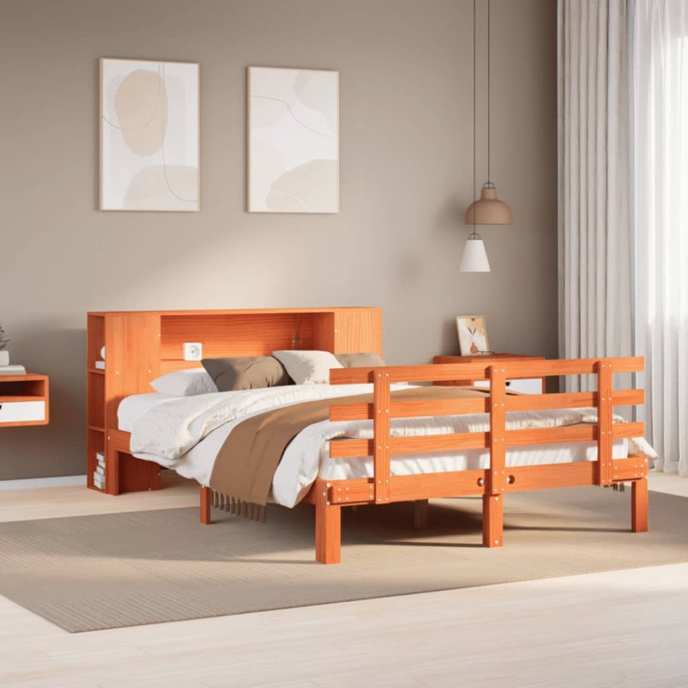 vidaXL Säng med bokhylla utan madrass vaxbrun 135x190cm massiv furu
