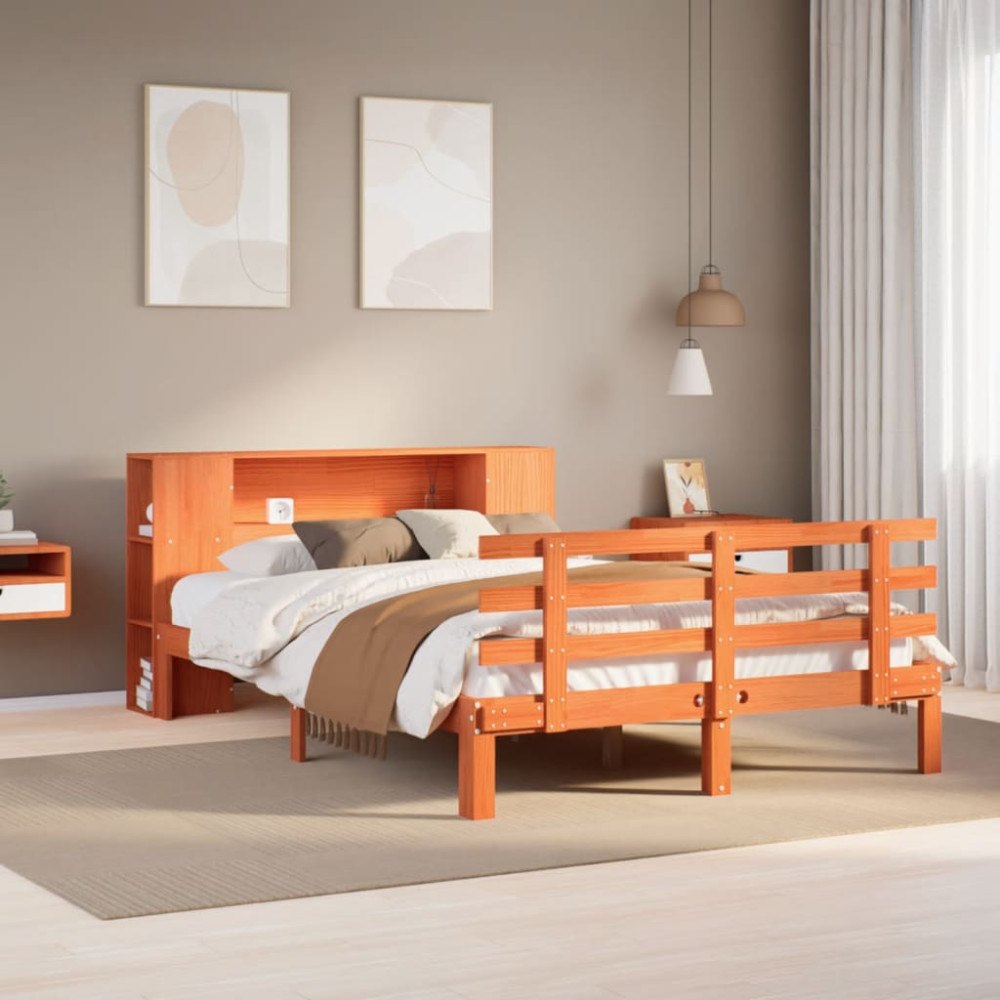 vidaXL Säng med bokhylla utan madrass vaxbrun 140x190cm massiv furu
